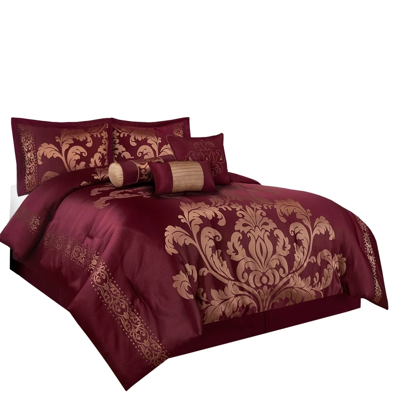 Chezmoi Collection 7-Piece Jacquard Floral Comforter Set (King, Polyester Blend, Maroon/Gold