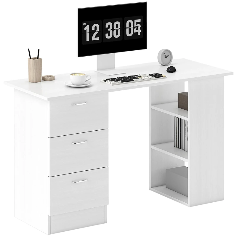 HOMCOM Computer Desk, Home Office Desk, Writing Table, PC Workstation with 3 Storage Shelves and 3 Drawers for Working, Study, 120 x 49 x 72 cm, White