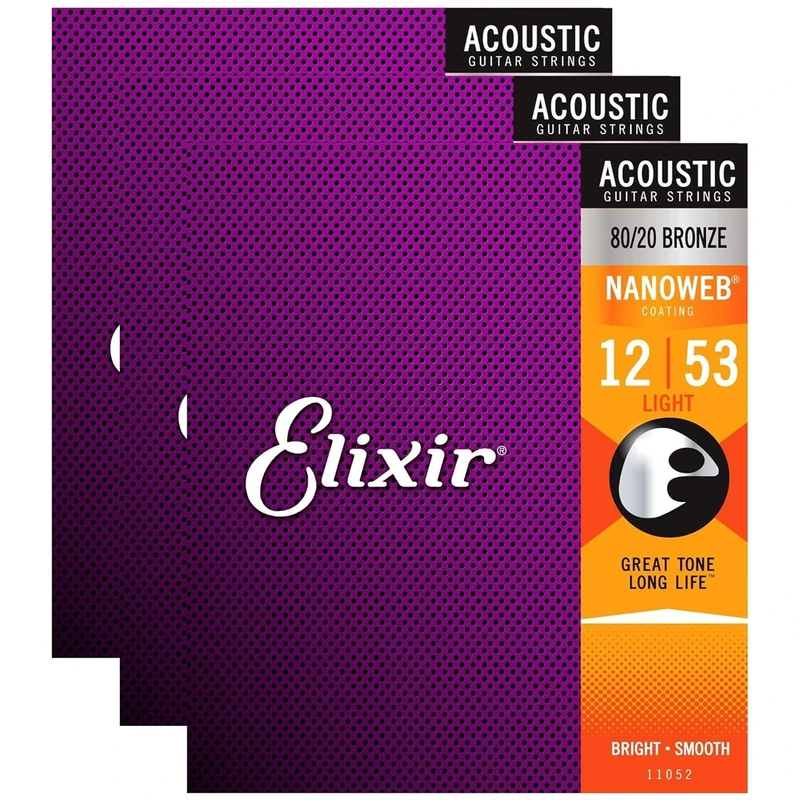 Elixir 11052 Acoustic 80/20 Nano Light 12-53 (3 Pack Bundle)