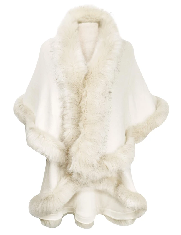 ZLYC Women Fine Knit Open Front Faux Fur Trim Layers Poncho Cape Cardigan Sweater (White),White