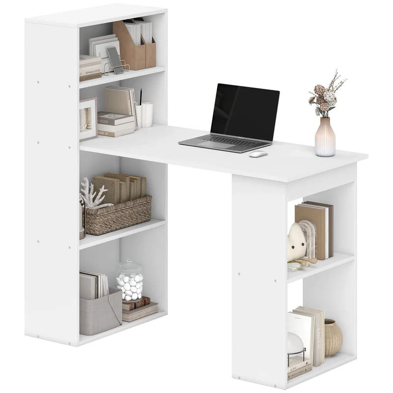 HOMCOM 120cm Computer Desk, Wooden PC Laptop Table with 6-Tier Storage Bookshelves, Home Office Working Study Desk, Writing Workstation, White - Image 1