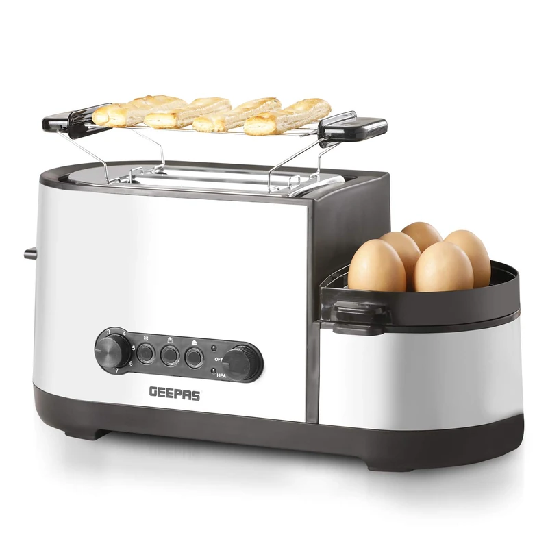 Geepas 1250W 5 in 1 Toaster with Egg Boiler and Poachers, Stainless Steel 2 Slice Toaster with Mini Frying Pan, Steamer, Wide Slot, 6 Modes of Browning Control Ideal Breakfast Set – 2 Years Warranty - Image 1