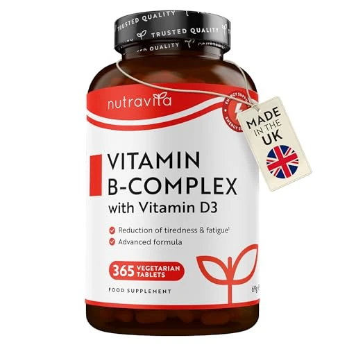 Vitamin B Complex High Potency - 1 Full Year Supply - 8 Vitamins B1-B2-B3-B5-B6-B12, Biotin, Folic Acid & VIT D3 in 1 High Strength Micro Tablet - Reduction of Tiredness - Made in The UK by Nutravita