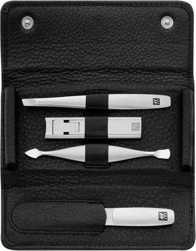 ZWILLING Manicure Set (4 piece, push-button case, genuine leather, ergonomic design, with compact nail clipper), Premium, Black