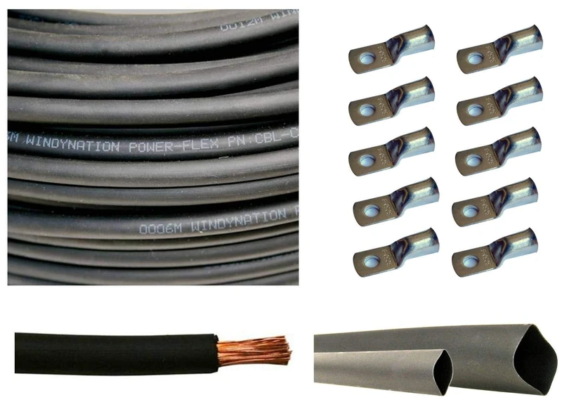 WindyNation WNI 1/0 AWG 1/0 Gauge 10 Feet Black Battery Welding Pure Copper Ultra Flexible Cable + 5pcs of 5/16" & 5pcs 3/8" Copper Cable Lug Terminal Connectors + 3 Feet Heat Shrink Tubing