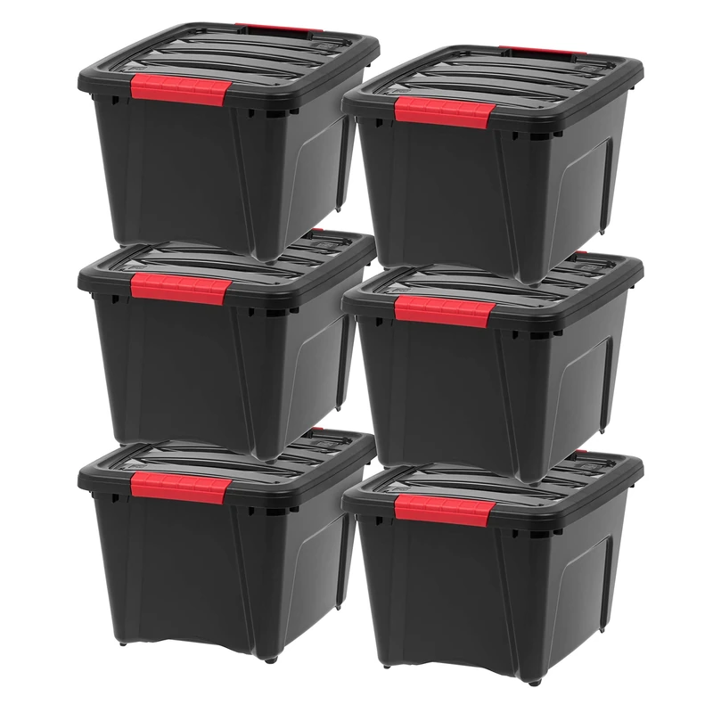 IRIS USA 19 Quart Stackable Plastic Storage Bins with Lids and Latching Buckles, 6 Pack - Black, Containers with Lids and Latches, Durable Nestable Closet, Garage, Totes, Tubs Boxes Organizing