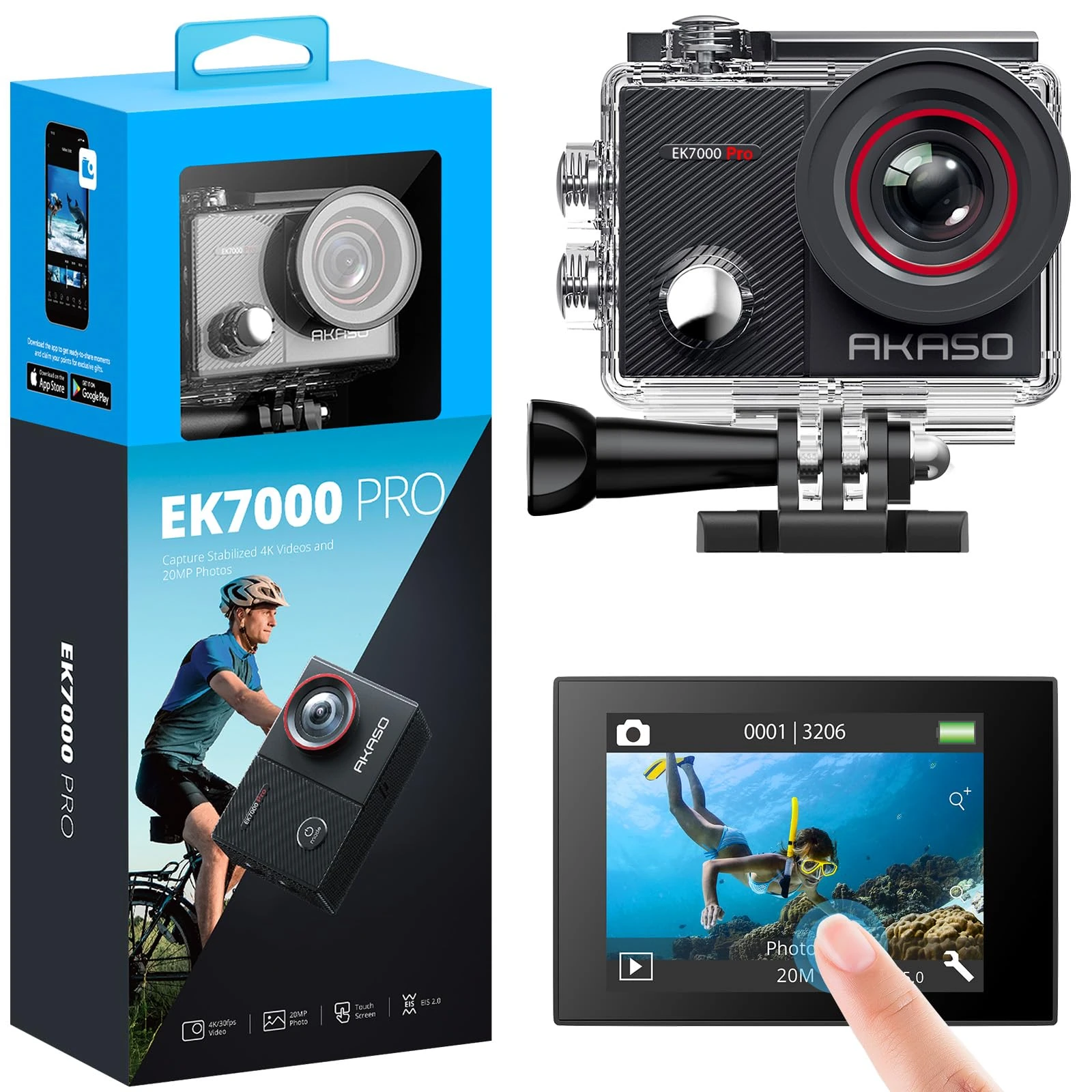 AKASO EK7000 Pro 4K Action Camera - Touch Screen EIS Adjustable View Angle 40m Waterproof Underwater Camera Remote Control Helmet Camera with Accessories Kit