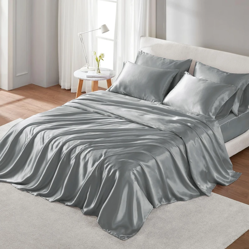Madison Park Essentials Satin Sheet Set Luxury and Silky with Natural Sheen, Premium 16" Deep Pocket, All Around Elastic - Year-Round Bedding, King, Grey, 6 Piece