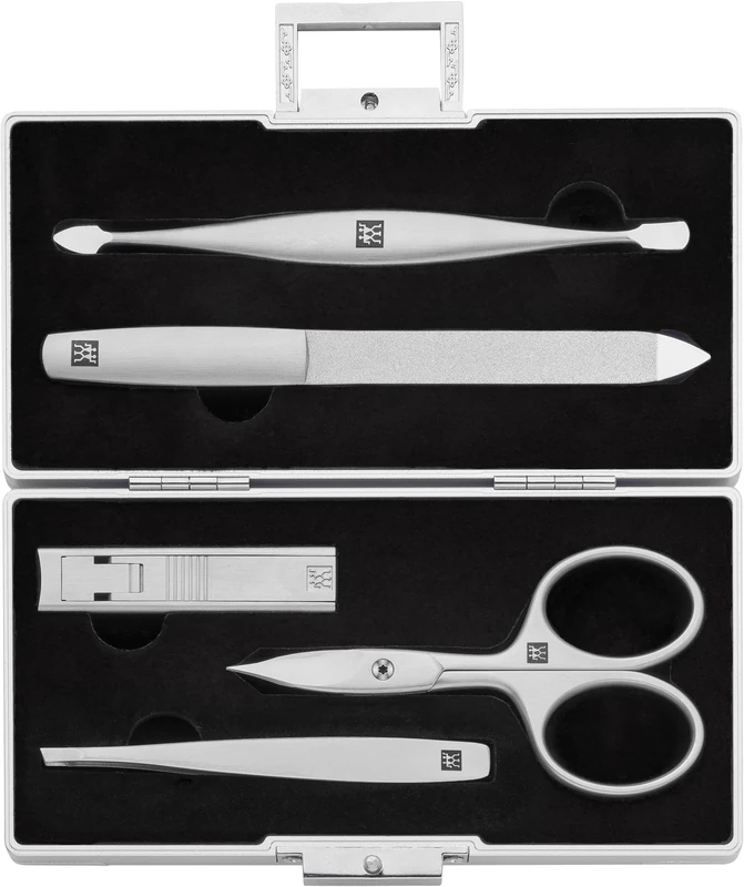 ZWILLING Manicure Set (5 piece, aluminum case for nail care and pedicure, velvet inlay with compact nail clipper), Premium, Black