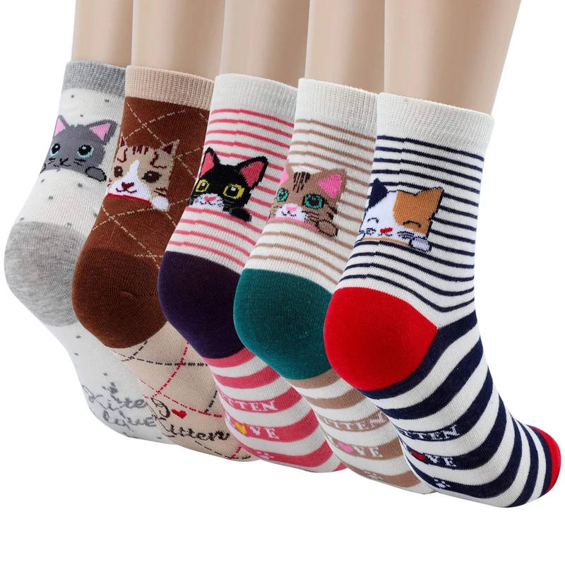 Jeasona 5 Pairs Cat Socks for Women 4-7 Cotton - Birthday and Christmas Gifts for Cat Lovers, Mum, Her, Girlfriend