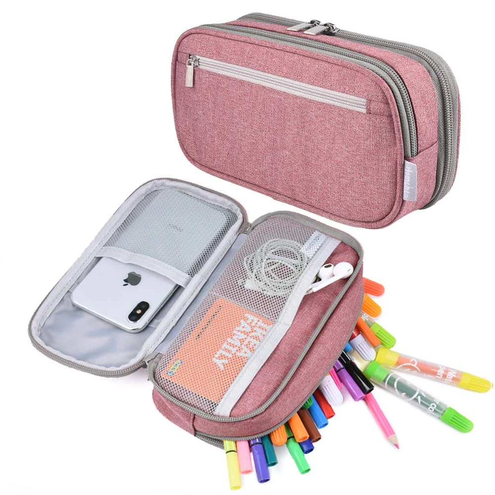 YONZONE Large Pencil Case Big Capacity Pencil Cases 3 Compartment Pencil Bag Pen Pouch for Girls Boys, High Storage Office School Stationary Organiser Makeup Bag Adults, Light Pink