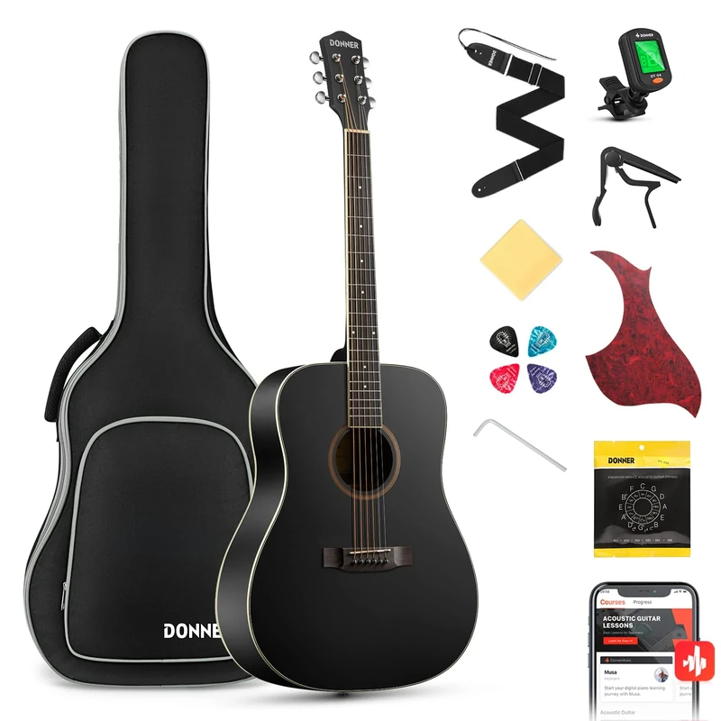Donner Acoustic Guitar Full Size Guitar 4/4 Dreadnought 41 inch Guitar Kit for Beginner with Gig Bag Capo Picks Tuner Strap Strings (Black)