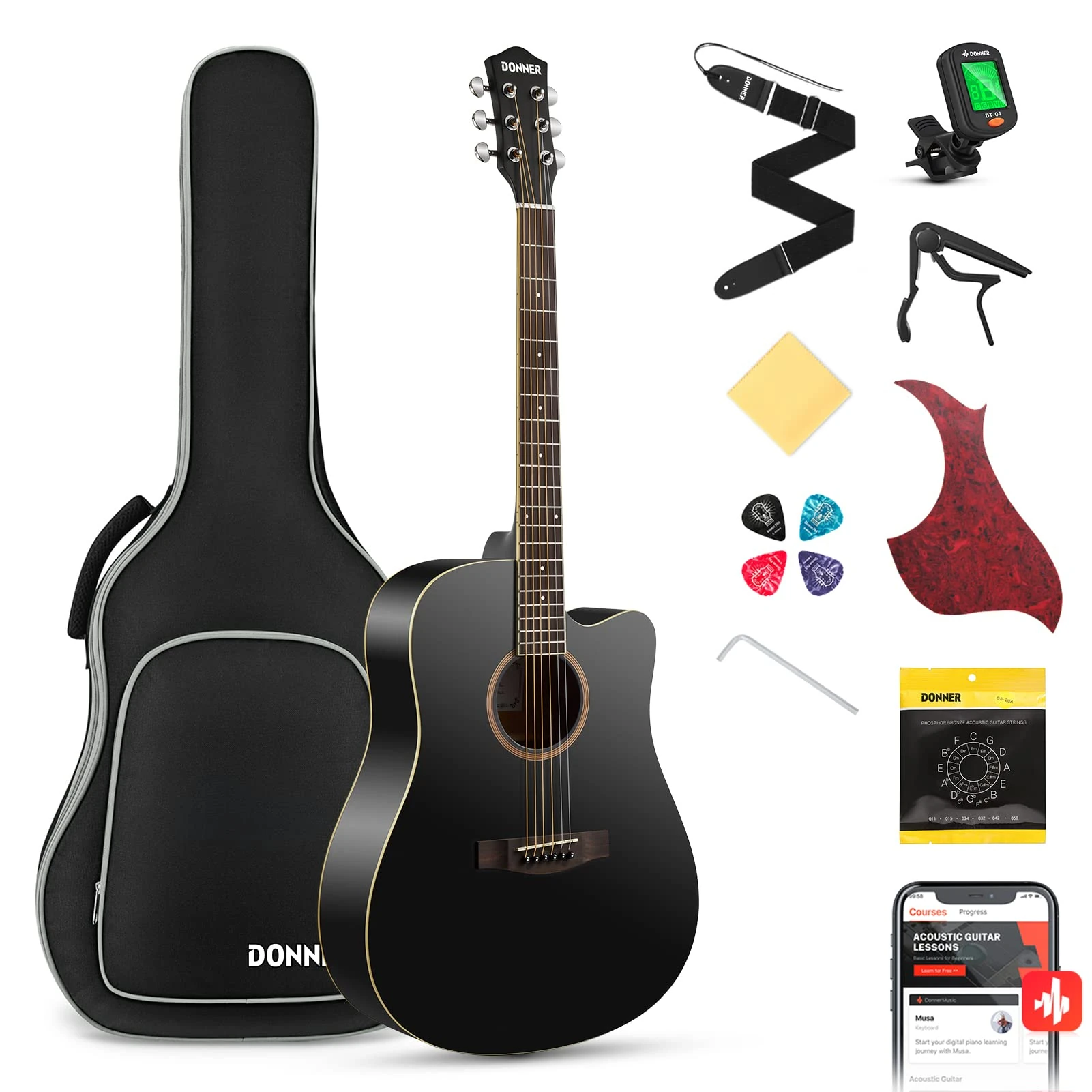 Donner Guitar Acoustic Full Size 4/4 Cutaway Beginner Adult Guitar Kit with Gig Bag Tuner Strap Strings Capo Picks (Black)