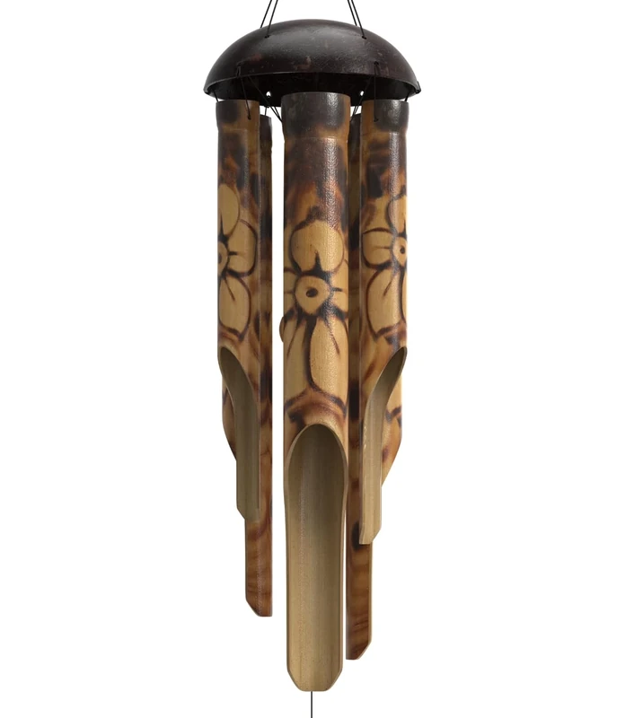 Nalulu Rustic Bamboo Wind Chimes - Outdoor Wood Wooden Windchimes, Medium, Floral Burned Design with Coconut Crown, Handcrafted with Calming Deep Tones, Ideal Home Decor or Gift for Any Occasion