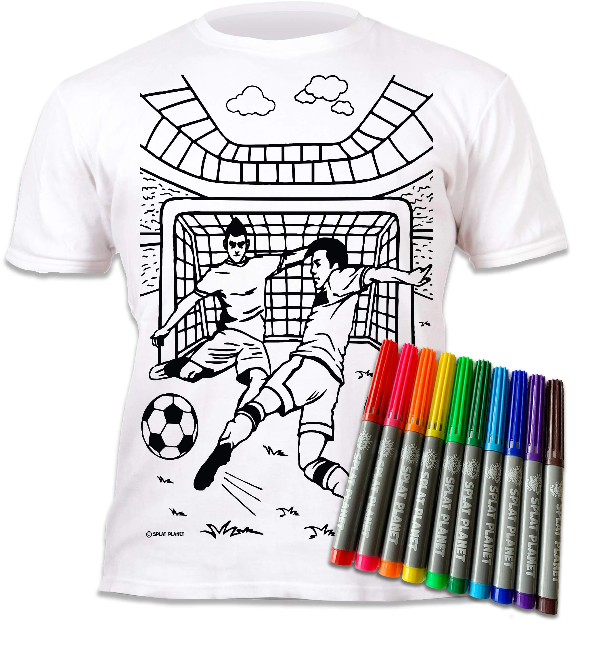 Splat Planet Football T-Shirt for Kids, White, Unisex, Short Sleeve, Regular Fit, Reusable Coloring Activity (UK, Age, 5 Years, 6 Years, Regular, White)