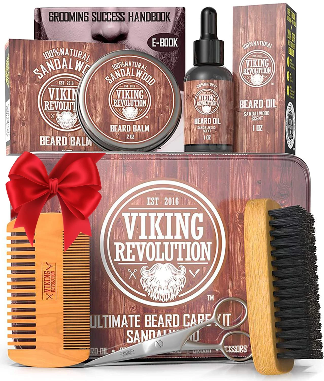 Viking Revolution - Beard Grooming Kit for Men - Ultimate Beard Kit with 100% Boar Beard Brush, Beard Comb, Beard Balm, Beard Oil & More - Gifts for Men - Valentines Gifts for Him - Sandalwood