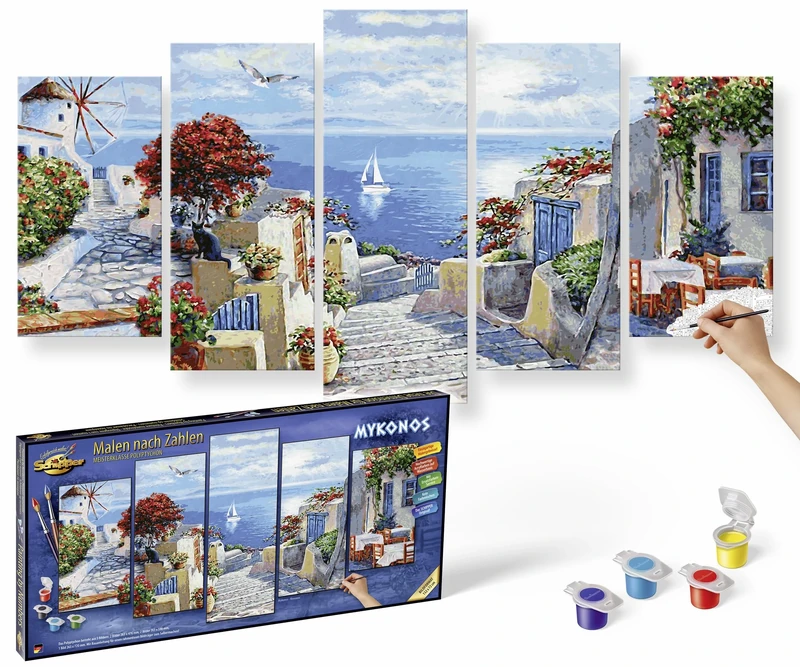 Schipper Mykonos 609450797 Painting by Numbers for Adults, Includes Brush and Acrylic Paints, 5 Pictures, Master Class Polyptych Professional Edition, 132 x 72 cm