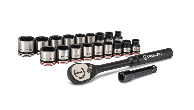 Crescent CSWS38B X10 Socket Wrench Set, 20 Pieces, with Low-Profile Head and Flush-Mounted Lever, 3/8" / 9.525 mm