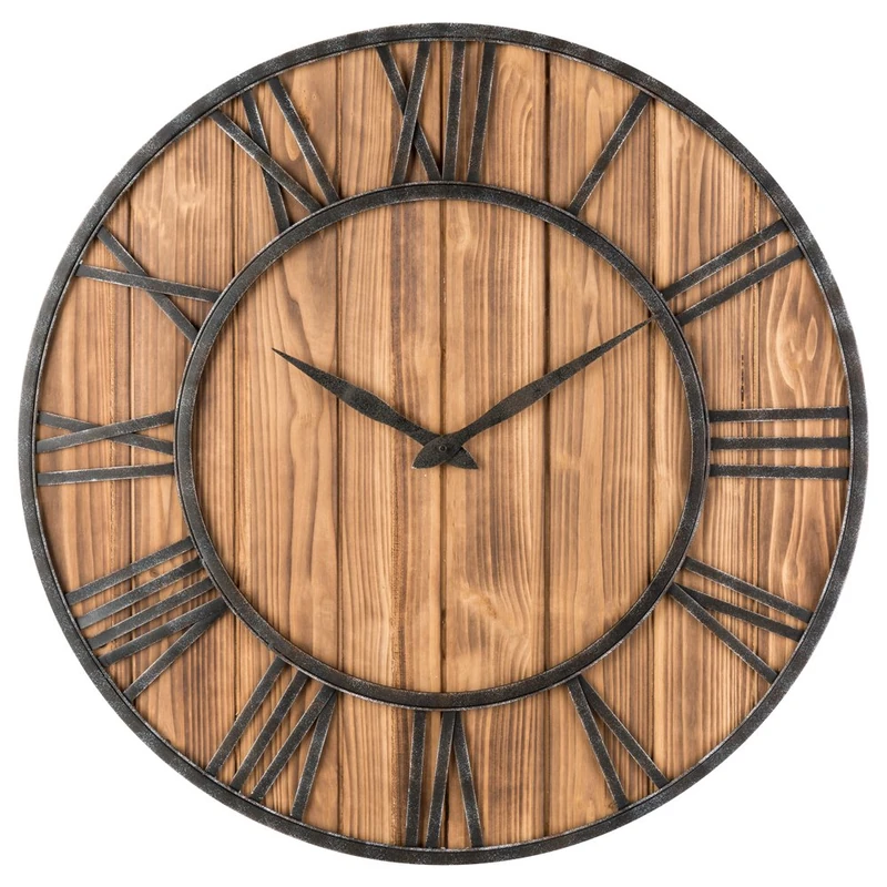 Oldtown Clocks Farmhouse Rustic Barn Vintage Bronze Metal & Solid Wood Noiseless Big Oversized Wall Clock 36-inch Wood