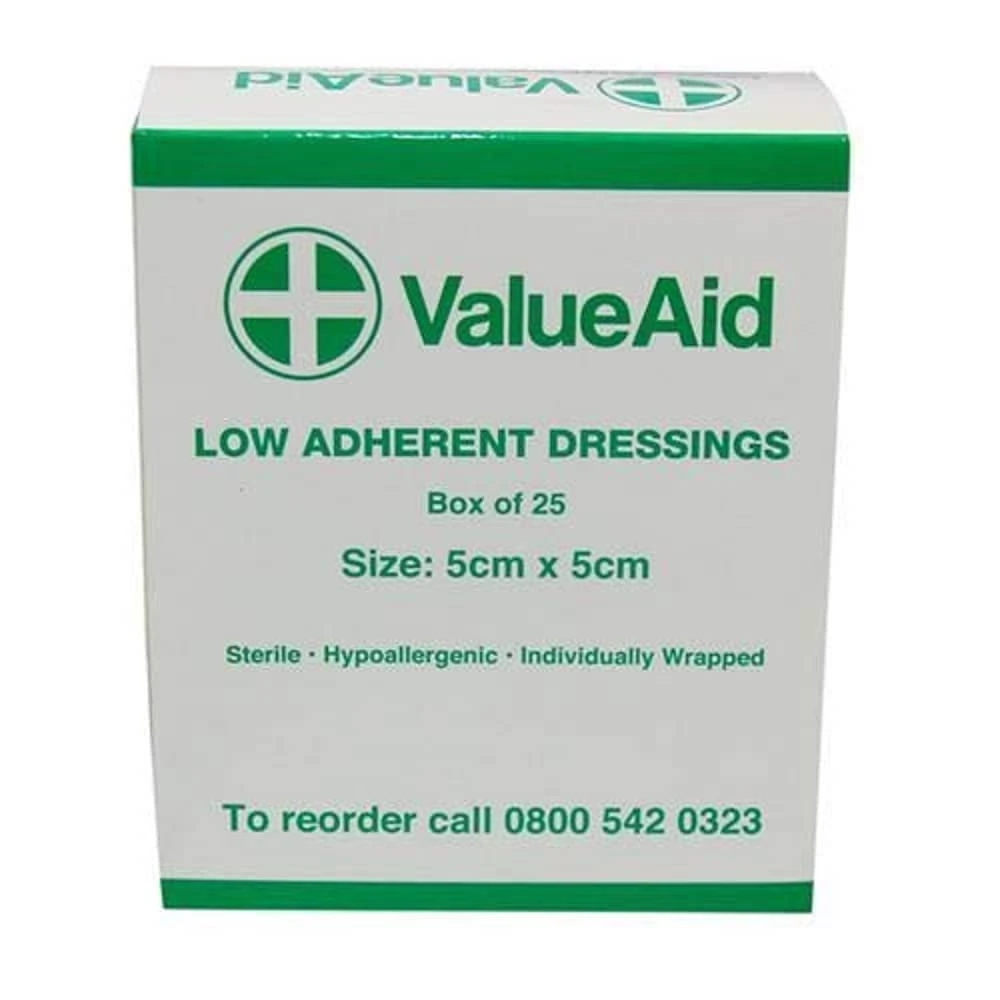 Value Aid Low Adherent Dressing Pads - 5cm x 5cm Hypoallergenic Sterile Wound Care, Non-Stick Surface for Gentle Removal - Individually Wrapped Medical Dressings for Cuts & Grazes (25 Pack)