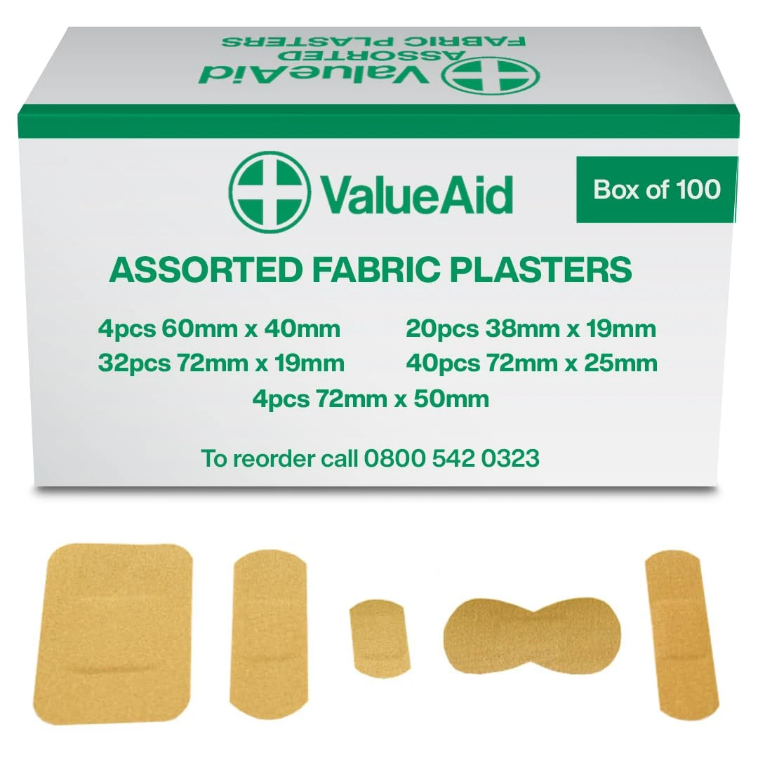 Value Aid Fabric Plasters Assorted - Box of 100 Individually Wrapped Hypoallergenic Plasters, Latex-Free Adhesive - 5 Popular Sizes for First Aid Kit & On-The-Go Use Medical Supplies