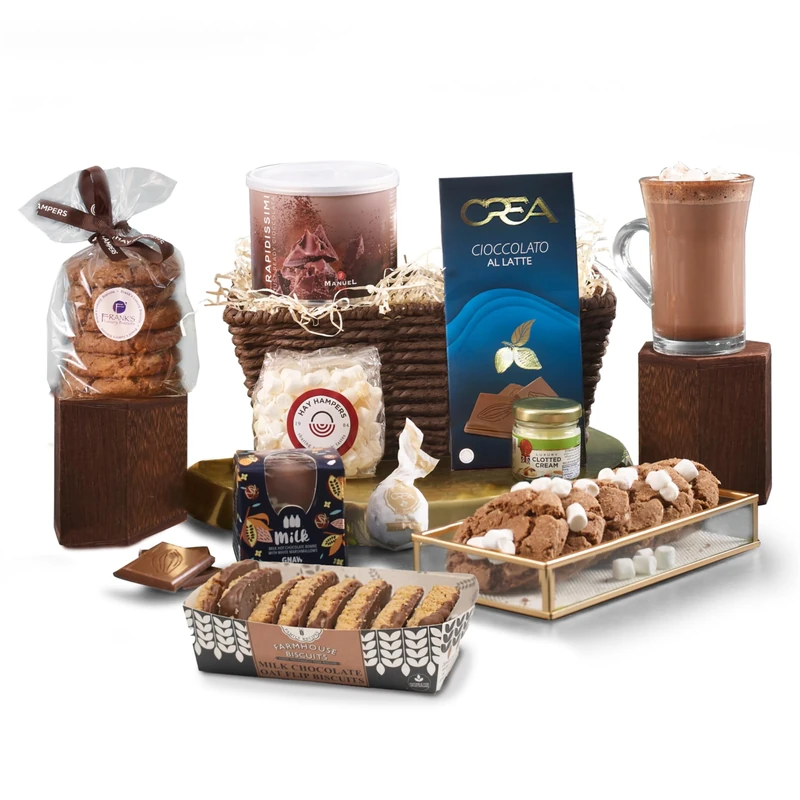 Hot Chocolate Gift Set - Drinking Choc, Mini Marshmallows, Clotted Cream, Biscuits & Choco Treats - Christmas Hamper for Couples, Chocolate Gifts for Women - by Hay Hampers
