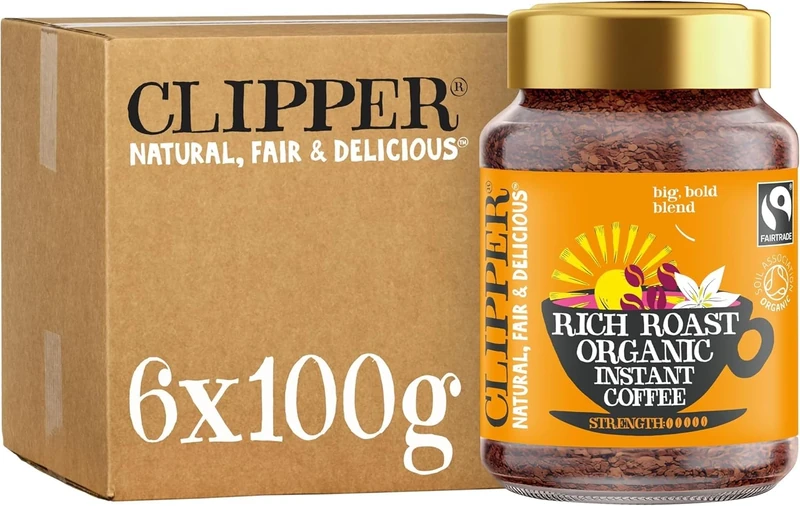 Clipper Rich Roast Organic Instant Coffee | 6 x 100g Jars | Bulk Buy for Home & Catering | Sustainable Fairtrade Coffee by Clipper Teas | Ethically Sourced