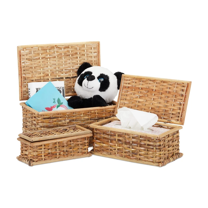 Relaxdays Set of 3 Storage Baskets, Lidded, Braided Decorative Baskets, Volume of 10 L, Rustic Look. Natural