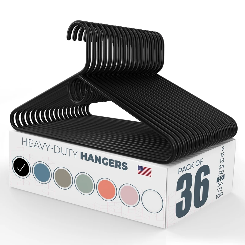 36pk Made in USA Heavy Duty Plastic Clothes Hangers Bulk, 20 30 50 100 Pack Available, Strong Plastic Hangers, Jacket Coat Hangers, Thick Plastic Hanger for Closet and Clothing Hangars (Black)