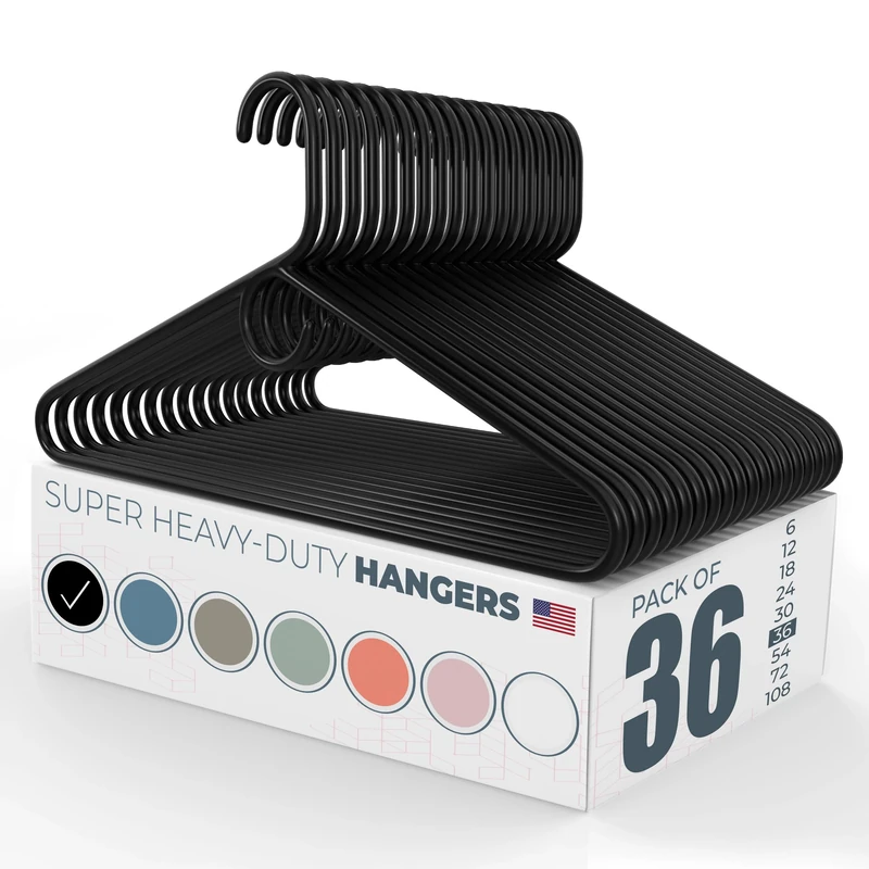 Made in USA Super Heavy Duty Plastic Clothes Hangers Bulk, 20 30 50 100 Pack Available, Strong Plastic Hangers, Plastic Coat Hangers, Plastic Hanger for Closet and Clothing Hangars (36pk Black)