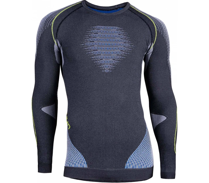 UYN Men EVOLUTYON LONG SLEEVE Underwear Shirt - Anthracite Melange/Blue/Yellow Shiny, Small/Medium