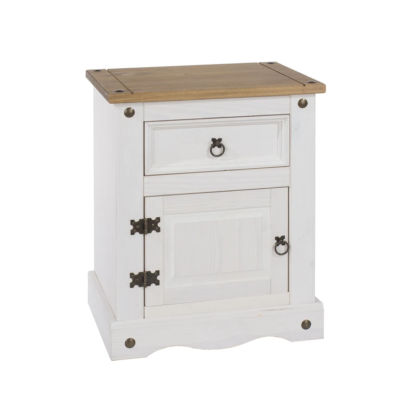 Home Source Solid Pine Bedside Cabinet, 1 Door,1 Drawer Night Stand Bedroom Storage, White