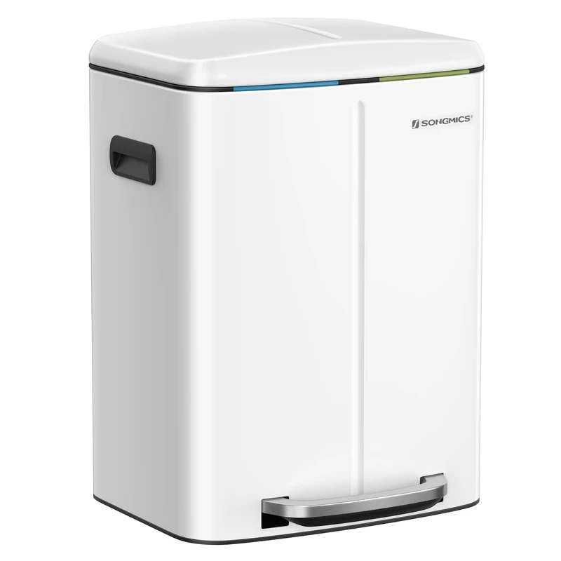 SONGMICS Double Rubbish Bin, 2 x 20L Kitchen Bin, Dual Compartment Metal Step Bin, with Plastic Inner Buckets, Soft-Close Lids, and Handles, Odour Seal, White LTB40WT