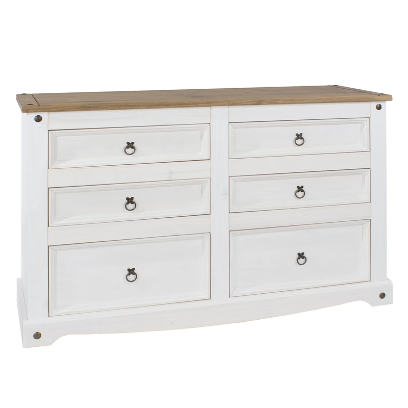 Home Source Industrial Style Solid Pine Bedroom Chest Of Drawers Storage Cabinet, White, 6 Drawers