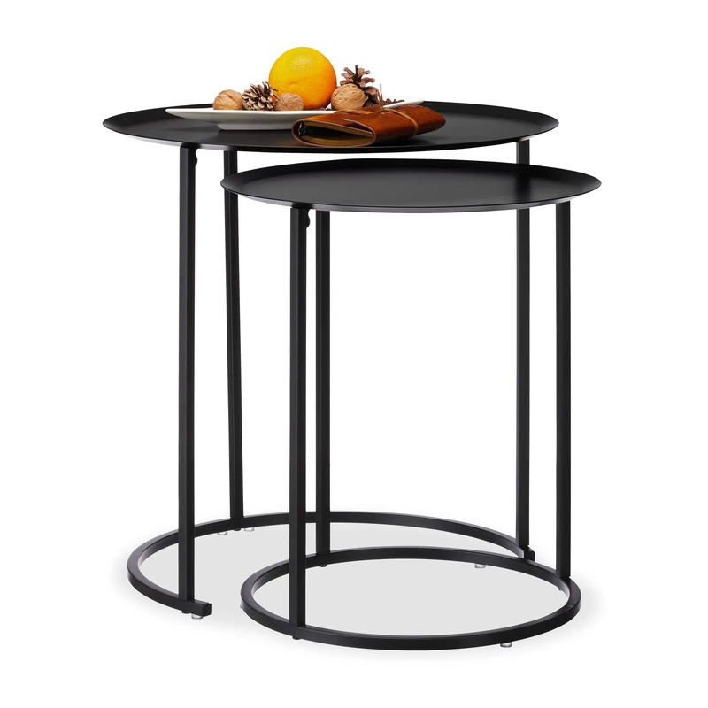 Relaxdays Set of 2 Round Side Tables for the Living Room, Elevated Edge, Steel Frame, HxD: 50x50 cm, Anthracite