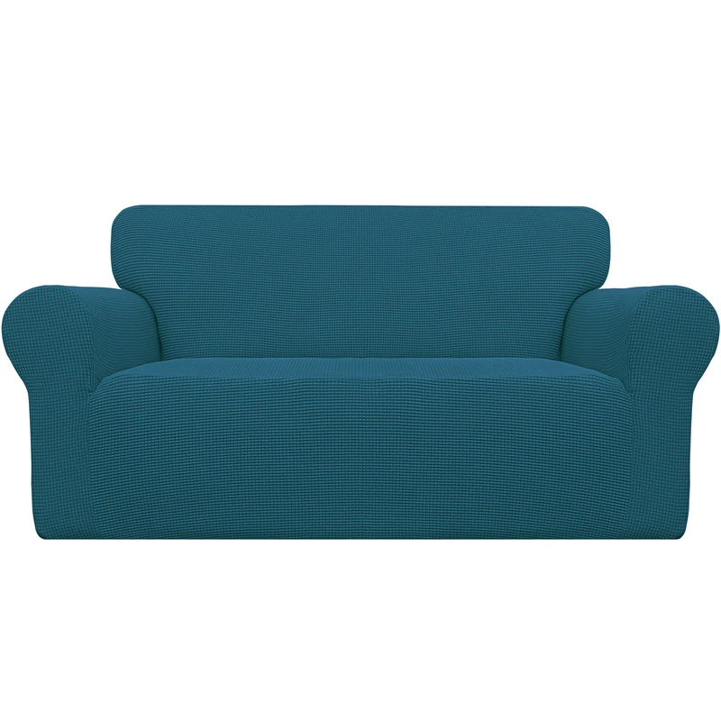 EasyGoing Stretch Couch Cover 1 Piece Furniture Protector Soft Elastic Kids Polyester Spandex Jacquard Fabric Fine Checkered Loveseat Peacock Blue Blue