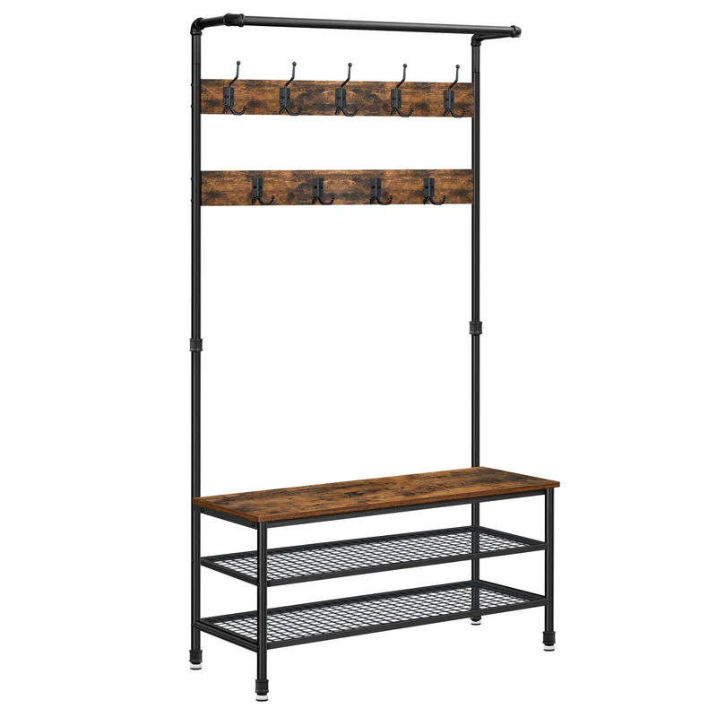 VASAGLE Coat Rack Stand, Large Hall Tree with Bench and Shoe Storage, 9 Hooks, Shoe Rack, Hanging Rail, 41.5 x 100 x 182 cm, for Hallway, Living Room, Bedroom, Rustic Brown and Black HSR47BX