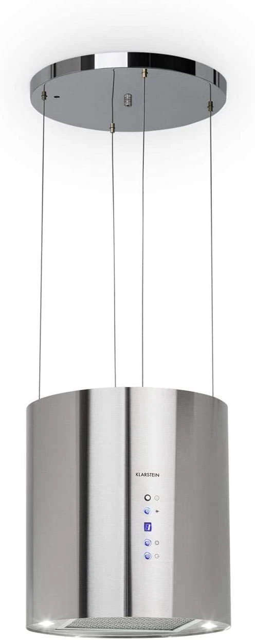 Klarstein Barett island cooker hood - kitchen extractor fan, extractor hood , Ø 35cm , 190 W Motor , Max. 560 m³ / h Circulating Air , 3 Power Levels , LED Cooking Surface Lighting , Steel - Silver