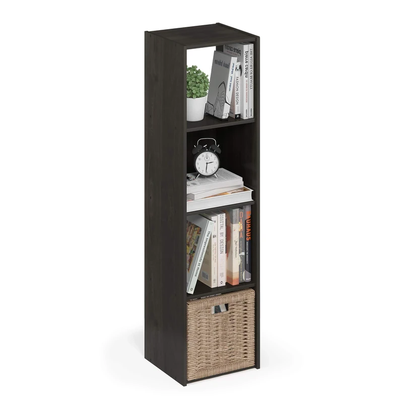 Furinno PELLI Book Shelf, 4x1 Bookshelf, Cube Storage Organizer Cabinet, 11.6 x 12.2 x 47.7, for Living Room, Bedroom, Home Office, Espresso