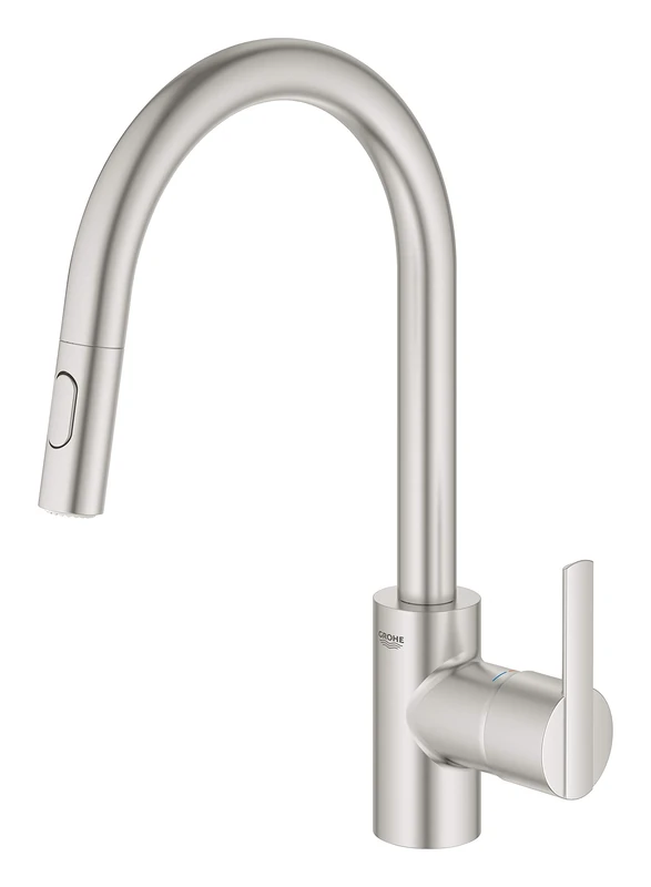 GROHE Feel - Kitchen Sink Tap Mixer with Pull-Out Dual Spray (High Spout, 360° Swivel Range, 35 mm Ceramic Cartridge, Tails 3/8 Inch, Easy to Install), Size 381 mm, Supersteel, 31486DC1