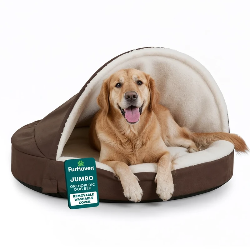 FurHaven 44" Round Orthopedic Dog Bed for Large Dogs w/Removable Washable Cover, For Dogs Up to 80 lbs - Sherpa & Suede Snuggery - Espresso, 44-inch
