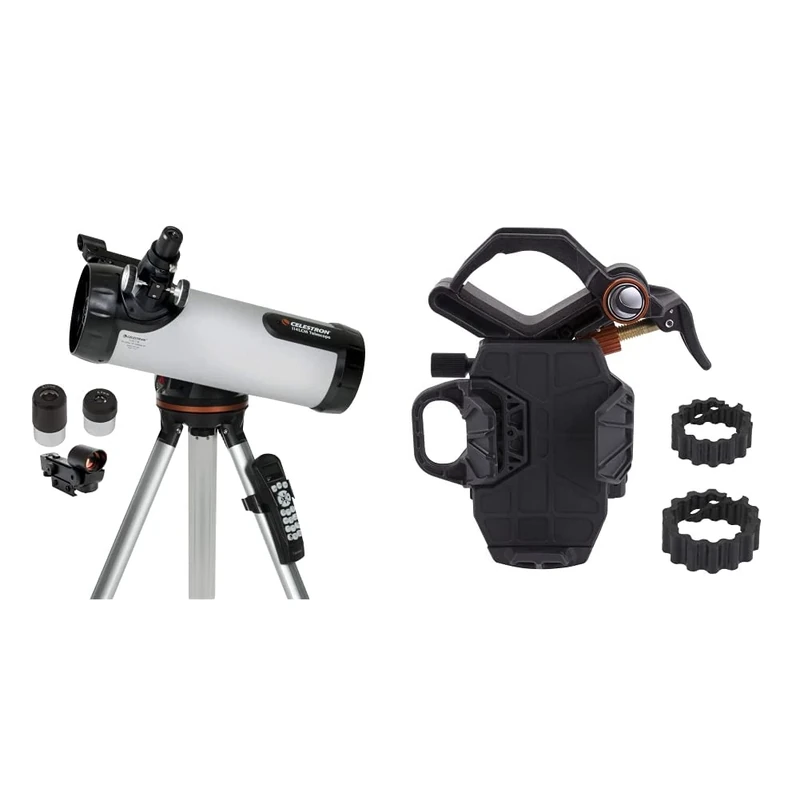 Celestron 31150 LCM 114 Short Computerised Reflector Telescope, Silver & 81055 NexYZ 3-Axis Universal Smartphone Adapter, Patented Design Black