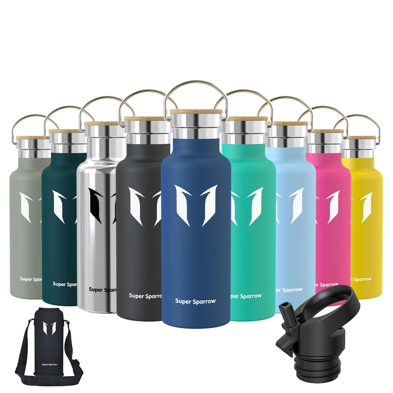 Super Sparrow Stainless Steel Water Bottle Kids - 500ml - Insulated Metal Water Bottles - Standard Mouth Flask - BPA Free - Straw Bottle for Work, Gym, Sports - 2 Lids