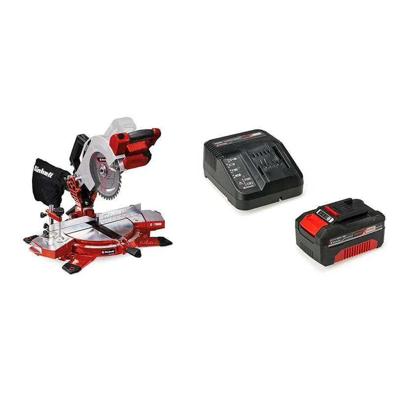 Einhell Power X-Change 18V Cordless Mitre Saw With Battery And Charger - 210mm Circular Saw With Work Table, LED, Dust Collection, 45° Mitre, +/-47° Bevel - TE-MS 18/210 Li + 4Ah Starter Kit