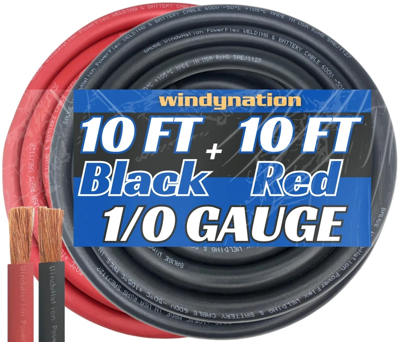 WNI 1/0 Gauge 10 Feet Black 10 Feet Red 1/0 AWG Ultra Flexible Welding Battery Copper Cable Wire - Made In The USA - Car, Inverter, RV, Solar