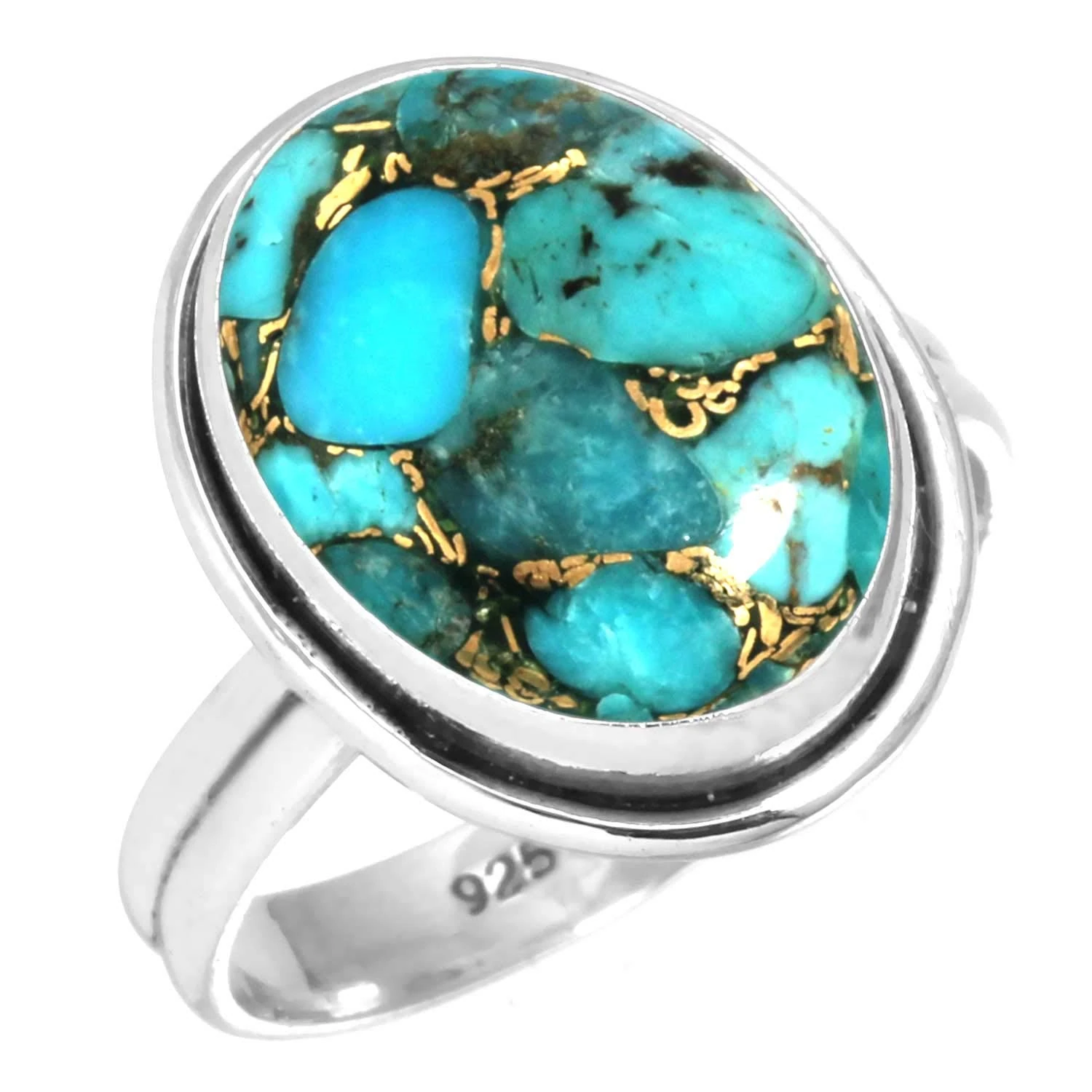 Jeweloporium Copper Blue Turquoise Silver Ring Size Q 1/2, 925 Sterling Silver Ring for Women, Chunky Oval Gemstone Handmade Jewellery