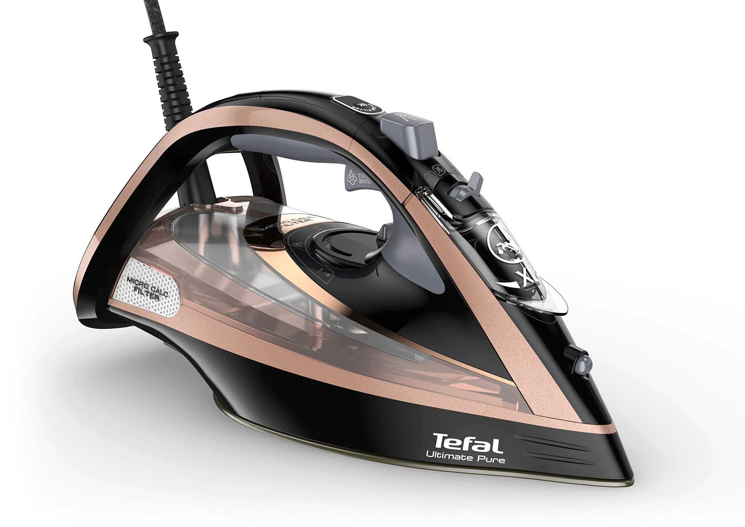 Tefal Ultimate Pure Steam Iron, 3100W, 260g/min Steam Boost, 350ml Water Tank, 3m Cord, Non-Stick Durilium Soleplate, Anti Scale, Anti-drip, Black and Rose Gold FV9845G0