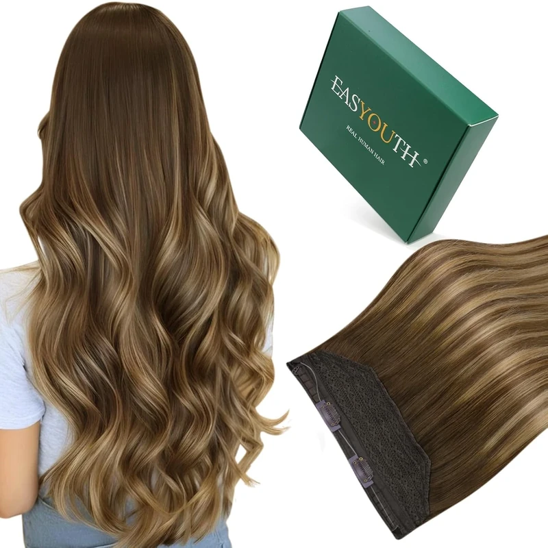 Easyouth Wire Hair Extensions Human Hair Brown Balayage Invisible Wire Human Hair Extensions Medium Brown to Honey Blonde with Brown Fish Line Hair Extensions with Removable Clips 18 Inch 80g #4/27/4