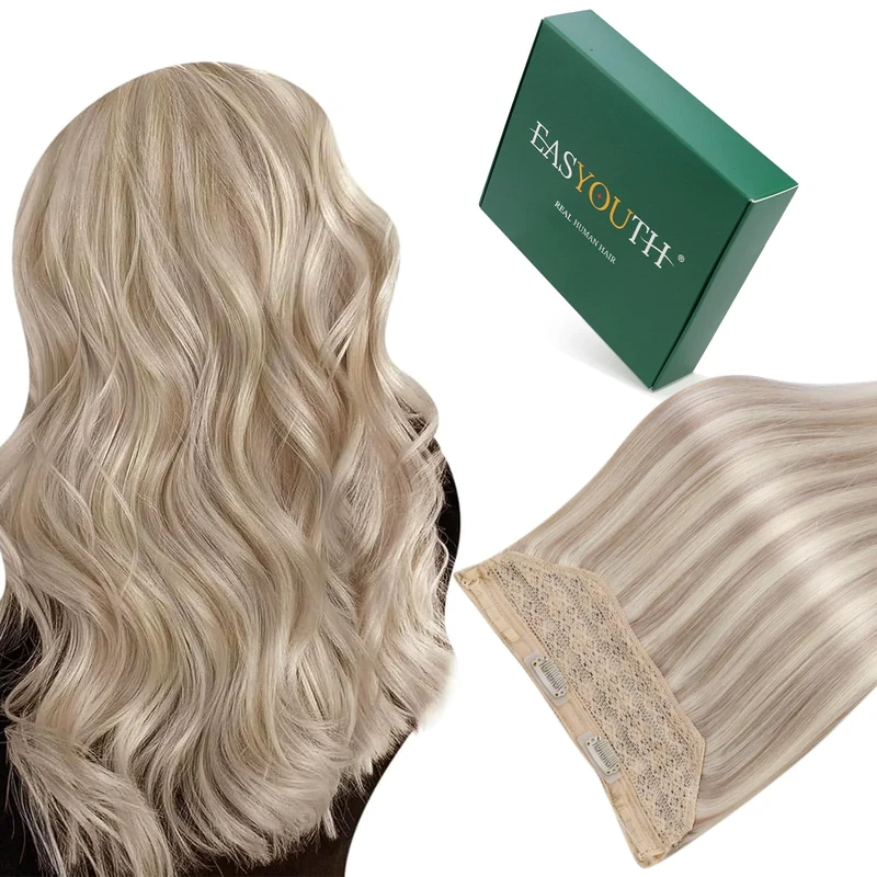 Easyouth Human Hair Wire Extensions Blonde Secret Wire Hair Extension Human Hair Ash Blonde Highlight Bleach Blond Fish Line Hair Extensions Real Hair Easy to Style 16Inch 80g #P18/613