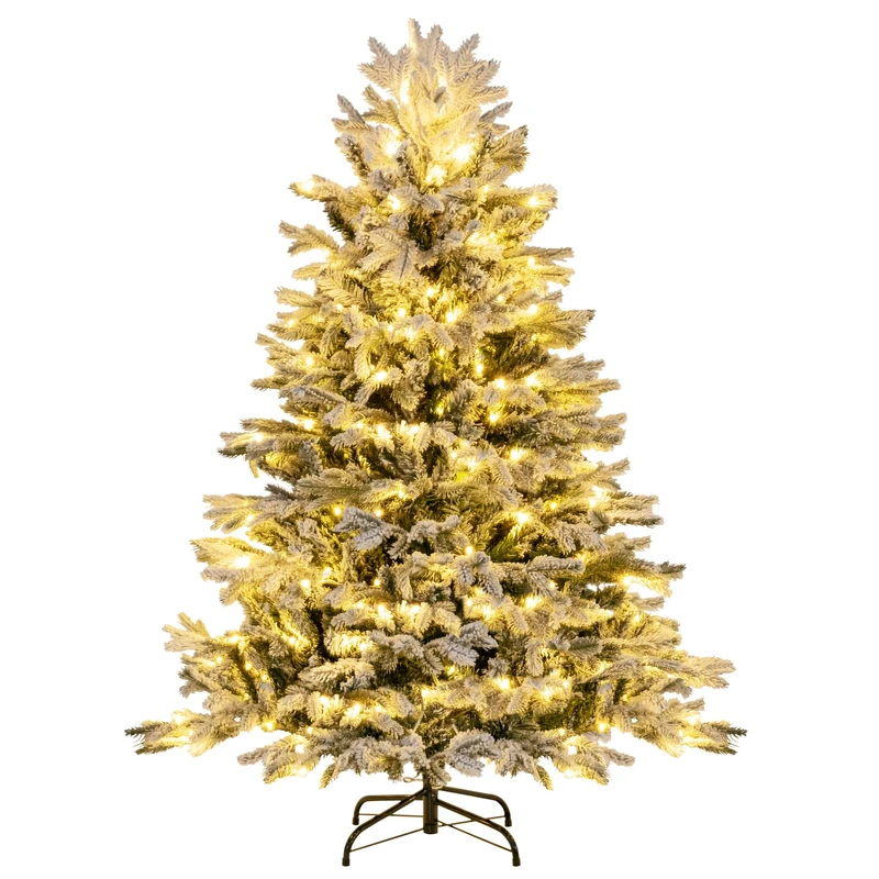 GYMAX 4.5FT/6FT Pre-lit Artificial Christmas Tree, Snow-flocked Hinged Xmas Tree with 200/350 Warm White LED Lights and 688/1022 Branch Tips, Holiday Decor Tree for Home Office Party (146cm)